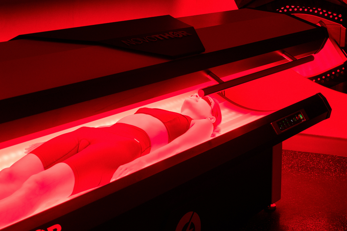 Client during red light therapy at resync what is red light therapy